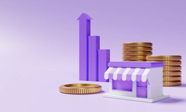 Supermarket store and stacking golden coins with rising profit bar graph on purple background with copy space. Financial business startup owner and economic concept. 3D illustration rendering tienda de supermercado y apilamiento de monedas de oro con gráfico de barras de ganancias crecientes sobre fondo púrpura con espacio de copia. propietario de una startup de negocios financieros y concepto económico. representación de ilustraciones 3d