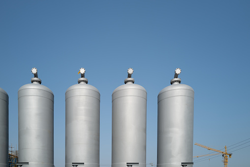 Close up of circular storage tank in chemical plant