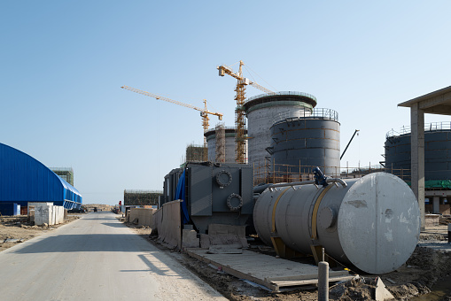 Circular storage tanks to be installed in the chemical plant under construction