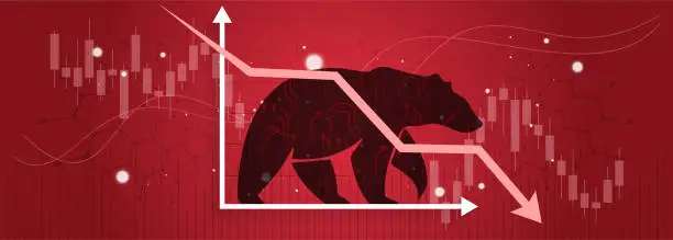 Vector illustration of Bear Vector design with Red background for bearish stock market crash. Loss down chart for price decrease of stocks during Bear market.