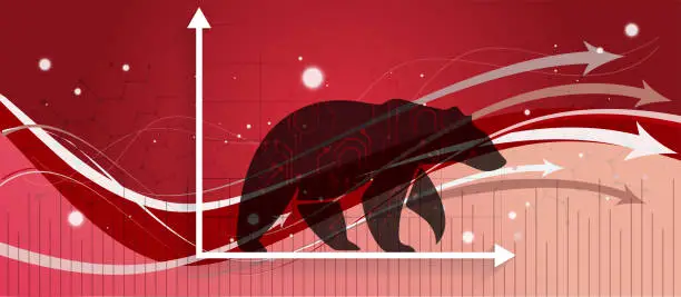 Vector illustration of Bear vector design with red stock market crash background for Bear market and Down arrow chart graph for bearish loss in stocks.