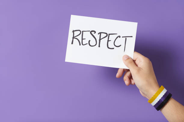 istock Hand with a non binary gender flag bracelet holding a paper: respect 1393470382