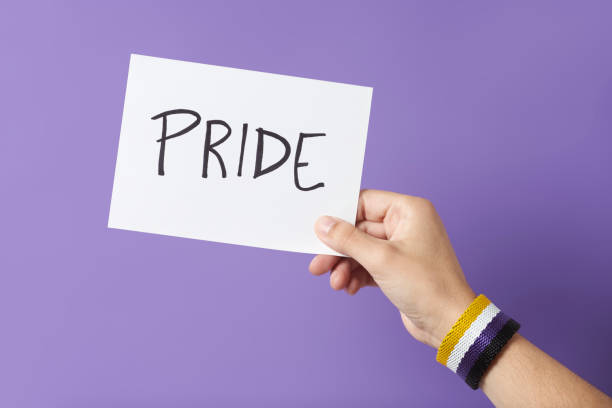 istock Hand with a non binary gender bracelet holding a paper with a message: pride 1393470404