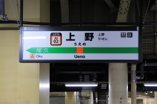 Tokyo, Japan - Aug.05, 2019: Ueno Station Name Board Ueno Station.