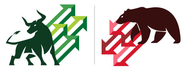 Bull and Bear vector with green red arrows for stock market or crypto shares economy trend. Bull or bullish run; Bear or bearish market trend in crypto currency or stocks. Trade exchange, green up or red down arrows graph. Cryptocurrency price chart. Global economy crash or boom. Vector Illustration. bull market stock illustrations