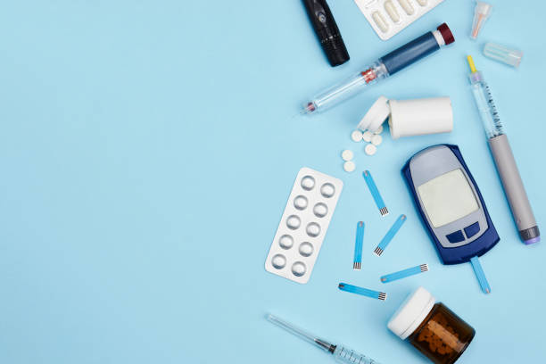 istock Glucose test glucometer, diabetic medicines, stripes and insulin 1393472867