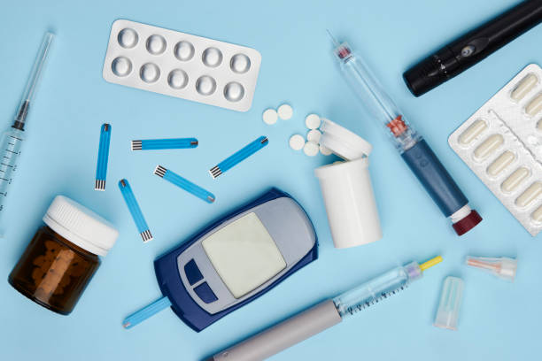 istock Glucose test glucometer, diabetic medicines, stripes and insulin 1393472872