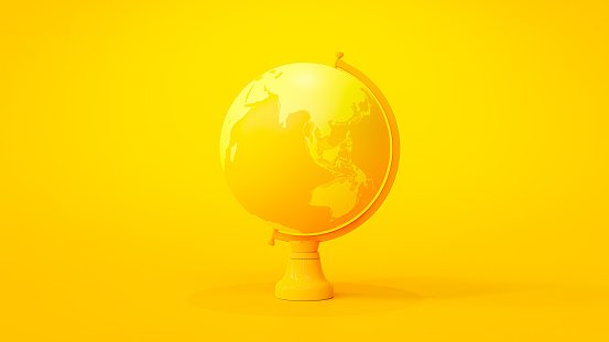 Yellow  globe on stand. Space for banner and logo, Minimal idea concept, 3D Render.