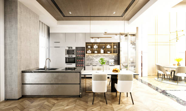 istock 3d render of home interior, living room and kitchen 1393474663