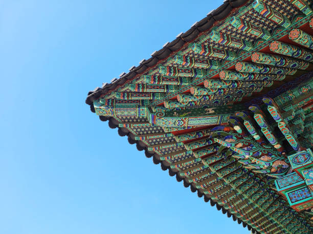 A temple in the mountains, a pattern under a tiled roof stock photo
