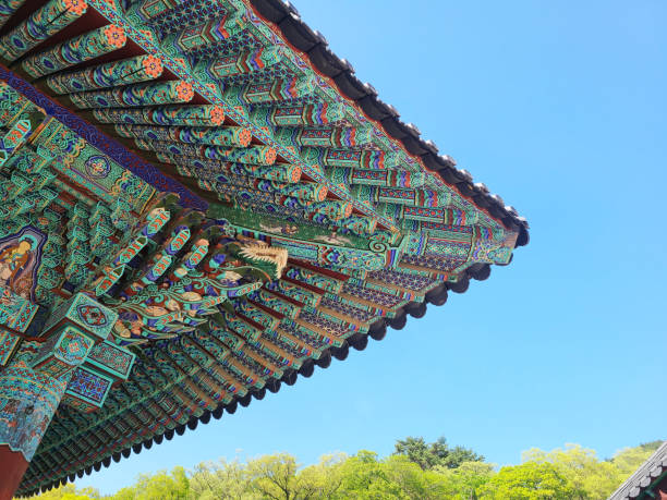 A temple in the mountains, a pattern under a tiled roof stock photo