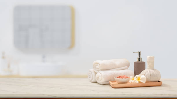 istock Luxury spa treatment products set on modern white marble tabletop 1393482989