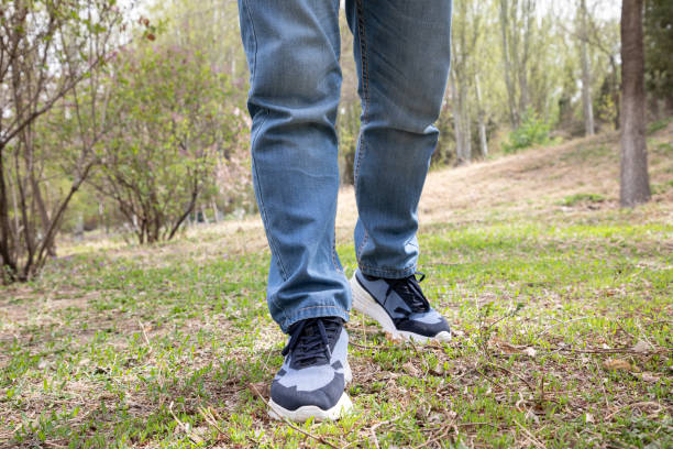 Closeup outdoor hiking men's shoes stock photo