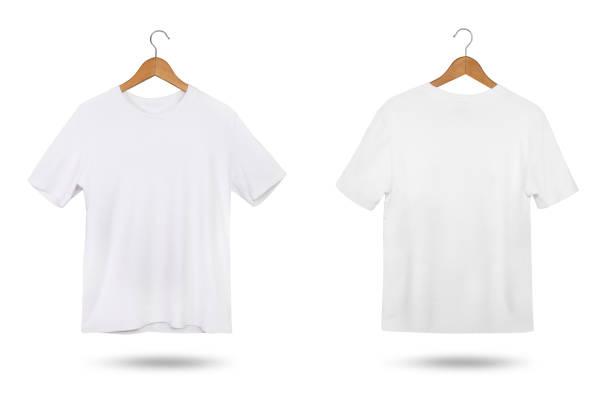 istock Blank white T-shirt mock up with coat hanger isolated on white background. Front and back view. 1393485043