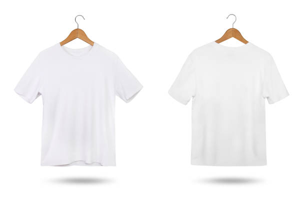 Blank white T-shirt mock up with coat hanger isolated on white background. Front and back view. stock photo