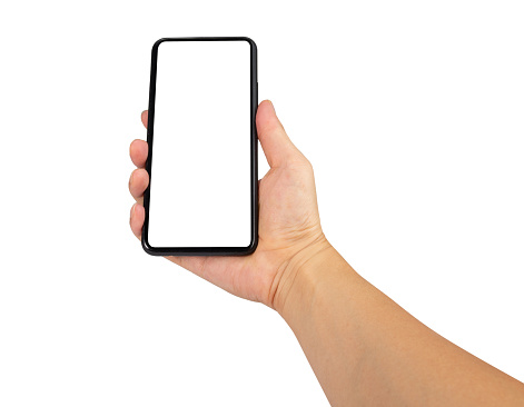Close up point of view male holding phone on white blank screen for montage mockup display device.