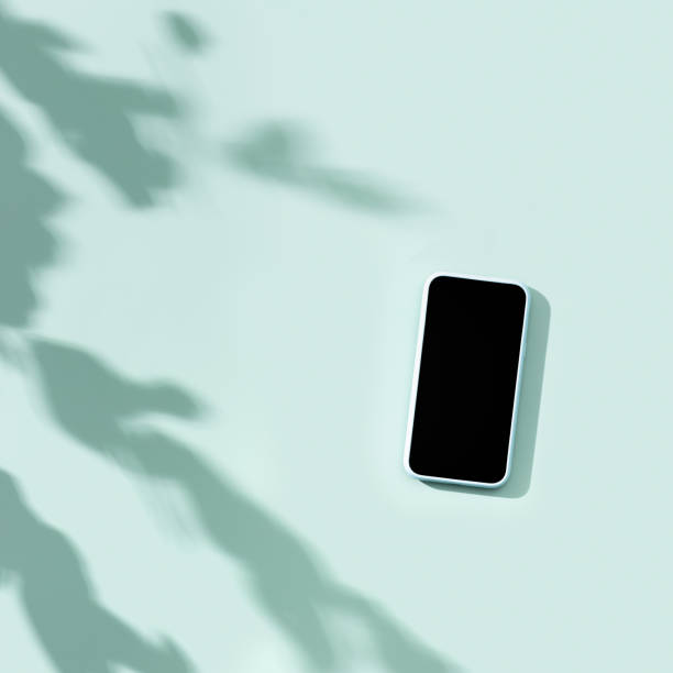 istock Mock up phone with black blank screen, minimal flat lay on pastel neutral mint background. Summer lifestyle scene with smartphone, sunlight shadows, sunlight with leaves shadow, copy space 1393487972