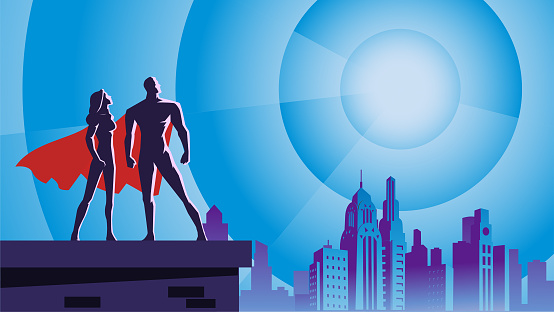 A retro art deco style vector illustration of a couple of superheroes standing on rooftop with stylized sky and city skyline in the background. Wide space available for your copy.