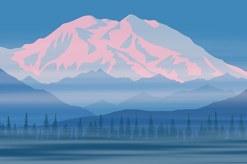 Vector drawing of Denali - McKinley, Alaska, traveling in the mountains, climbing, dawn landscape, peak in the sunrise