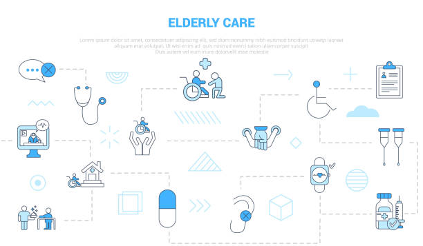 ilustrações de stock, clip art, desenhos animados e ícones de elderly care concept with icon set template banner with modern blue color style - meals on wheels illustrations