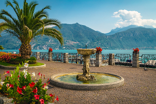 Cute small water fountain and flower decoration with palm trees on the promenade. Fantastic location with view on the shore of the lake Como, Menaggio, Lombardy, Italy, Europe