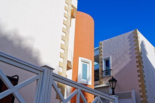 Close up of mosque building part with blue sky background