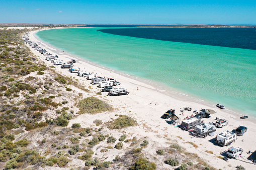 An aerial of Caravans and cars camping on Perlubie Beach, Streaky Bay, South Australia