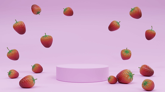Mock up cylindrical pink pedestal showcase podium stage with falling or levitating fresh strawberry for product presentation 3D rendering illustration