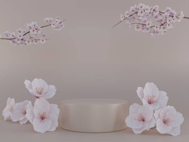 istock Cylindrical podium with cherry blossom flowers 3D render illustration 1393495964