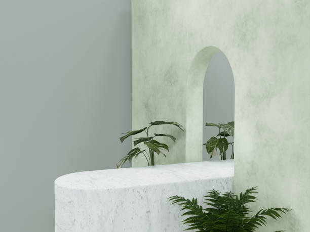 istock Minimal marble podium with plants background 3D render illustration 1393496008