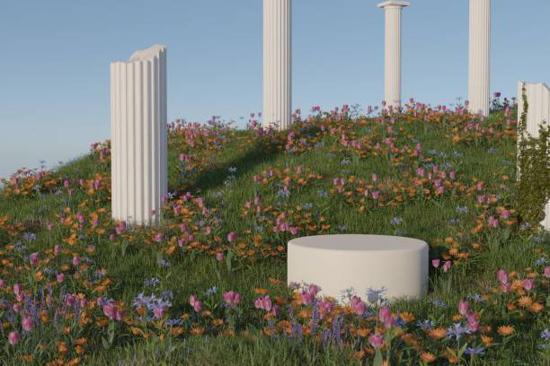istock Empty product podium with spring flower field 3D render illustration 1393496043