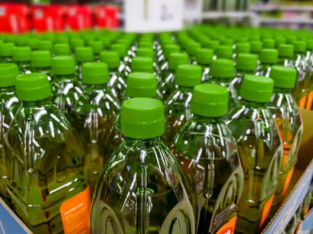 Bottles of olive oil in supermarkets. Selective focus