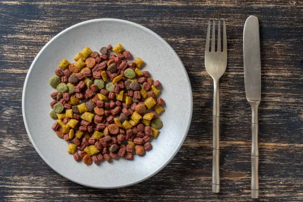 Photo of Cat dried food in a plate with fork and knife on wooden background, top view