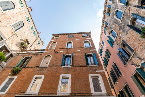 Facade Of A Venetian Building On The Canale Grande In Venice Italy On A Wonderful Spring Day With A Clear Blue Sky