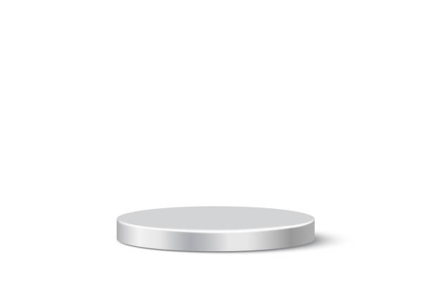 istock Silver podium stage vector illustration. 3d realistic metal luxury platform for winner, luminous pedestal stand for product display presentation with shadow on floor isolated on white background. 1393498522
