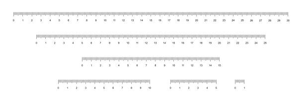 zestaw linijek do pomiaru długości w centymetrach, prosty instrument szkolny ze skalami - ruler stock illustrations