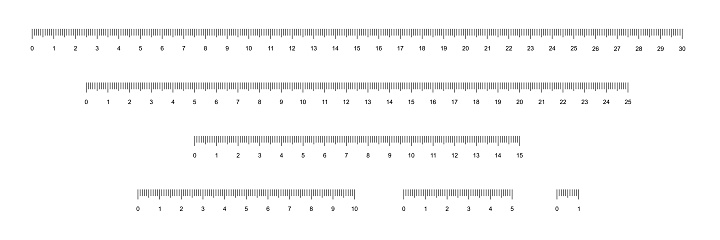 Set of rulers to measure length in centimeters vector illustration. Simple school instrument with centimeter and millimeter scales for measurement 30 25 15 10 5 1 cm, collection for math background