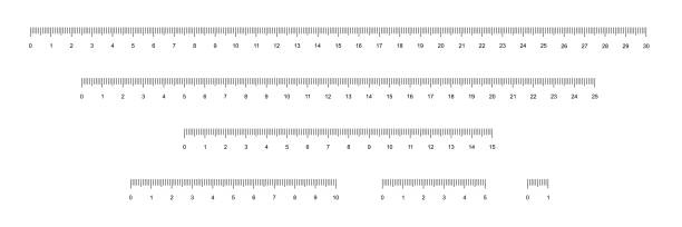 Set of rulers to measure length in centimeters, simple school instrument with scales Set of rulers to measure length in centimeters vector illustration. Simple school instrument with centimeter and millimeter scales for measurement 30 25 15 10 5 1 cm, collection for math background ruler stock illustrations