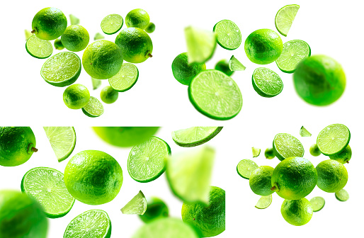 A set of photos. green lime levitated on a white background.