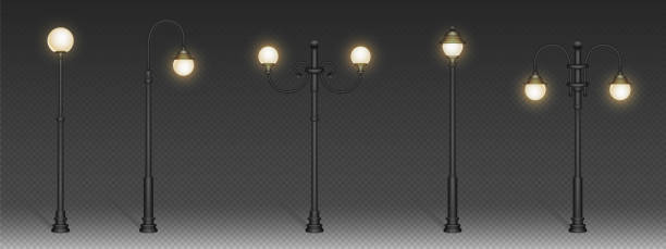 Street lamps, vintage lanterns on post Street lamps, vintage lanterns on black post. Vector realistic set of old electric street lights, retro iron lamposts with sphere shade for road sidewalk, city and public park street post stock illustrations