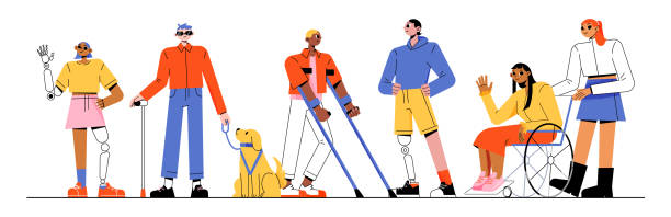 zróżnicowana grupa osób niepełnosprawnych, koncepcja niepełnosprawności - eyewear store stock illustrations