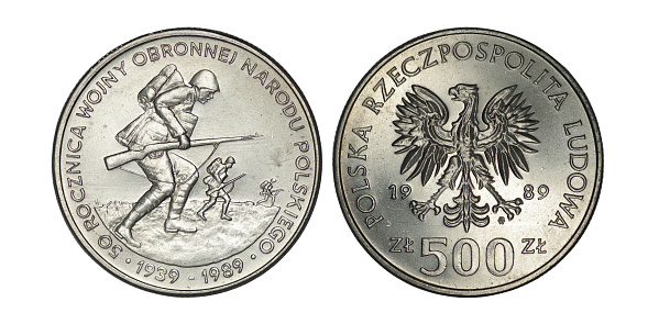 500 zlotys 1989, 50th anniversary of the 1939 defense war on a white background