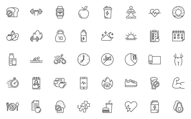set of healthy life icons, lifestyle, gym set of healthy life icons, lifestyle, gym healthy eating stock illustrations