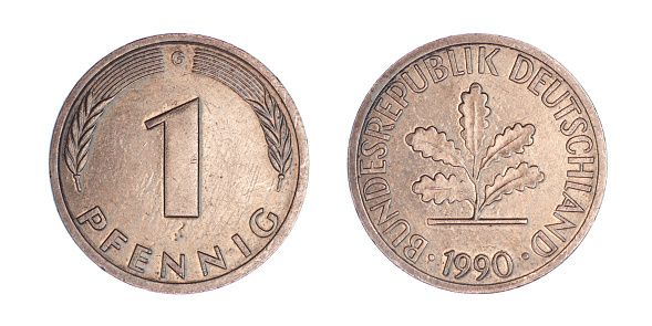 Germany 1 pfennig 1990 on a white background