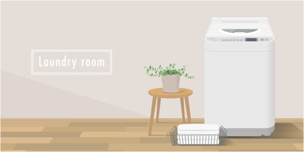 istock Vector illustration of washing machine in home laundry room with copy space. 1393504644