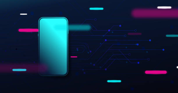 istock 3d Smartphone Mockup with Abstract circuit board and geometric neon lines glow up background 1393504704