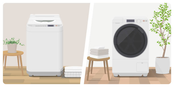 illustrazioni stock, clip art, cartoni animati e icone di tendenza di illustrazione vettoriale della lavatrice a caricatore superiore e della lavatrice del caricatore frontale nella lavanderia domestica. - asciugatrice