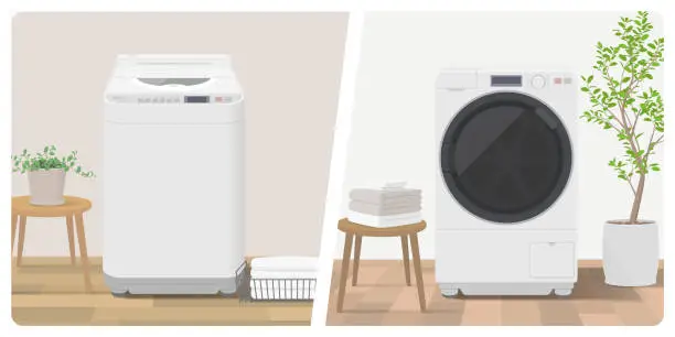 Vector illustration of Vector illustration of top loader washing machine and front loader washing machine in home laundry room.