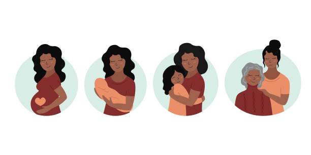 Mothers Day. Motherhood concept set. Cute smiling mother and daughter. Happy african american woman and girl. Stages of growing up of child. Vector flat illustration Mothers Day. Motherhood concept set. Cute smiling mother and daughter. Happy african american woman and girl. Stages of growing up of child. Vector flat illustration. hispanic family stock illustrations