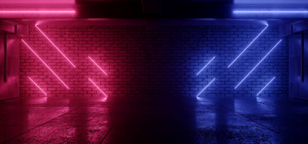 istock Neon Lights Grunge Sci Fi Underground Garage Car Room Cement Asphalt Concrete Brick Wall Realistic Blue Purple Colors Cyber Background 3D Rendering 1393508311